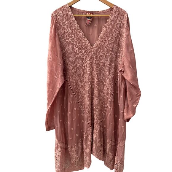 Johnny Was Plus V-Neck Embroidered‎ Tab Sleeve Midi Dress Dusty Rose Size 2X - Picture 2 of 12